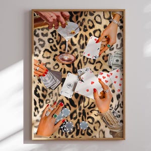 Vintage print speelkaarten luipaard print speelkaarten muur print retro poker nacht kaarten drankjes retro digitale kunst print grote afdrukbare bar kar decor