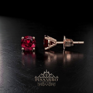 Ruby Stud Earrings, 4 Prong Basket Studs, Single Stud Earring Or Pair Of Earrings, 5mm Round Gemstone, Plated Or Solid Rose Gold