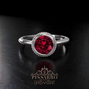 Classic Red Ruby Solitaire Engagement Ring. Art Deco Unique Bezel Set Rings. Antique Anniversary July Birthstone, Silver Gold Or Platinum