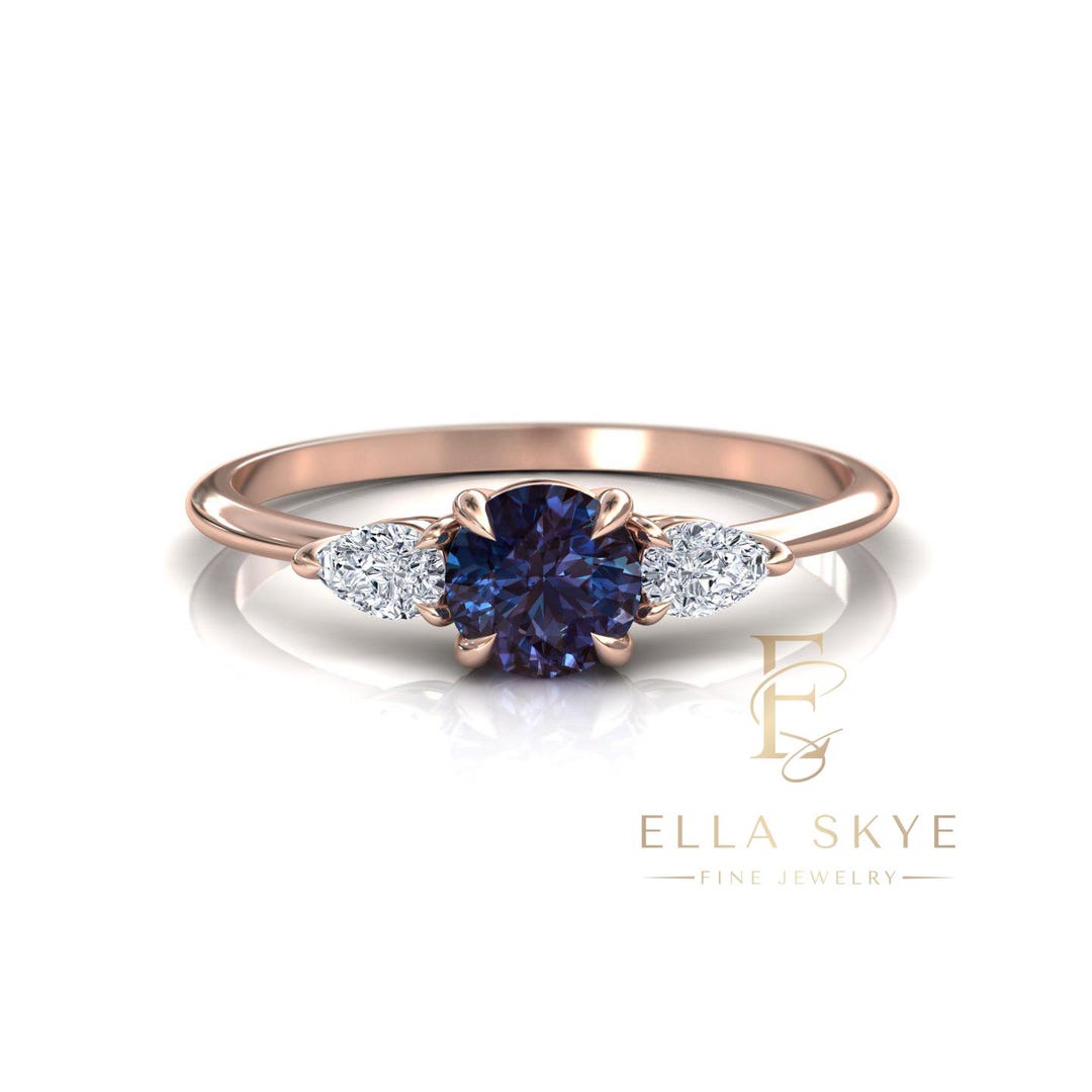 Small Alexandrite Rings Alexandrite & Diamond Engagement Ring, Dainty Small Petite Three Stone ...
