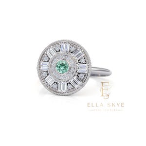 Art Deco Teal Sapphire Engagement Ring w/ Halo Baguette Stone. Montana Color Blue Green Sapphire Custom Rings. Wedding Anniversary Gift Idea