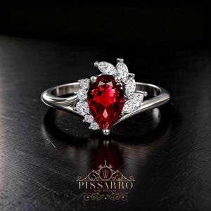 Pear Shaped Ruby Engagement Ring. 1ct Teardrop Cluster Diamond Bridal, Birthday, Marriage Gift. July Birthstone Customized Gemstone Rings