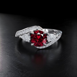 Red Ruby Engagement Ring, Three Stone Ring, Moissanite Or Diamond Side Stones, Wedding Promise Ring, Silver, White Gold Or Platinum