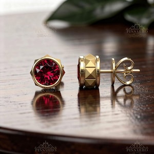 Red Ruby Earrings, Single Stud Earring Or Pair, Plated Silver Or Solid Yellow Gold, Modern Style Studs