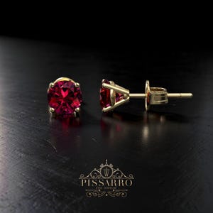 Ruby Stud Earrings, 4 Prong Basket Studs, Single Stud Earring Or Pair Of Earrings, 5mm Round Gemstone, Plated Or Solid Yellow Gold