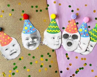 Personalised Photo Face Bunting Banner, Colourful Party Hats