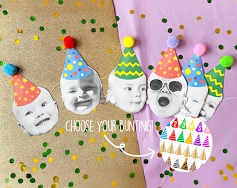 May include: A party bunting featuring black and white photographs of children's faces wearing colorful paper party hats with pom-poms. The hats display various patterns including stars, polka dots, and zigzags. Text reads CHOOSE YOUR BUNTING!