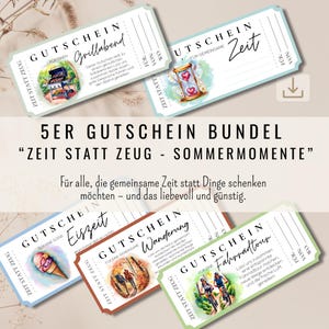 May include: A bundle of five gift certificates with various illustrations and text. The certificates include images of a grill, hourglass, ice cream, hikers, and cyclists. The text on the certificates is in German, with the title "5er Gutschein Bundel".
