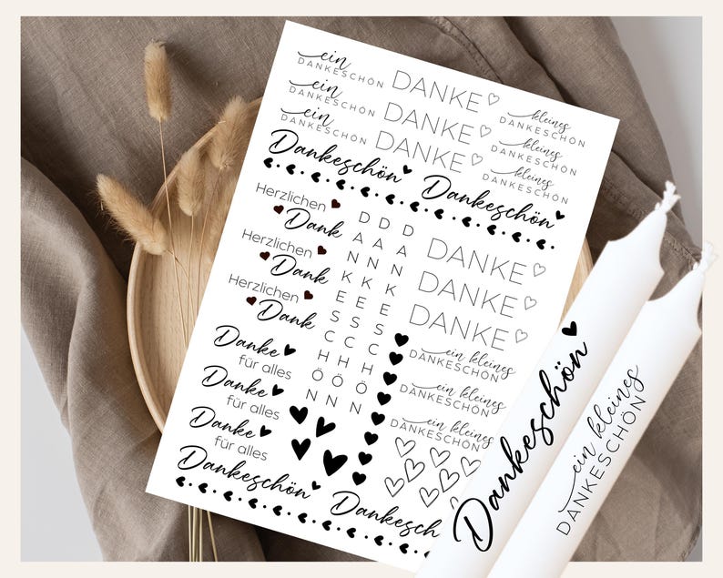 Kerzentattoos Vorlage für Dankesgeschenke: Persönliche Dankessprüche wie "Kleines Dankeschön" und "Herzlichen Dank" – perfekt für DIY-Projekte auf Kerzen.