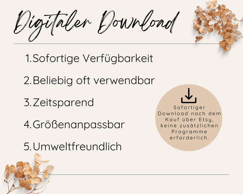 Sofortiger Zugriff auf dein Produkt – lade es direkt nach dem Kauf herunter, ohne Versandkosten oder Wartezeiten. Digitaler Download ist umweltfreundlich.
