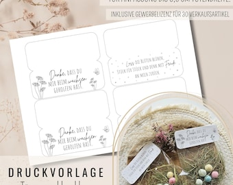 May include: Printable template for favor bags with a floral design and the text "Danke, dass du mir beim wachsen geholfen hast." and "Lass die Blumen blühen. Stück für Stück und denk mit Freude an mich zurück". The template is designed for bags up to 12 cm wide and includes a commercial license for 30 sales.