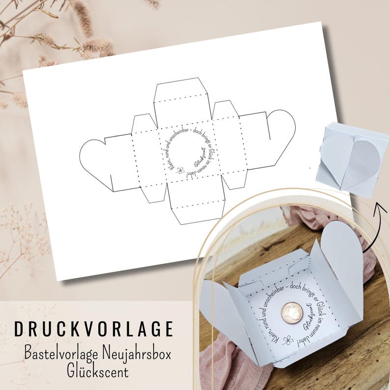 Kleine Geschenkbox mit Herzverschluss zum Einlegen eines Cents als Glücksbringer fürs neue Jahr, perfekt als Silvester-Mitbringsel oder Tischdekoration.