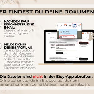 Nach dem Kauf bekommst du eine E-Mail: Diese enthält einen Link zu deinen digitalen Dateien.

So holst du sie dir:

1. Melde dich in deinem Profil an.
2. Gehe auf Etsy und logge dich in dein Konto ein.
3. Unter deinen Einkäufen findest du den Button „Dateien herunterladen“ – klicke darauf, um deine Dateien herunterzuladen.
    
    Wichtig: Die Dateien sind nicht in der Etsy-App abrufbar. Öffne dafür etsy.de im Browser auf deinem Smartphone, um deine Dateien herunterzuladen.