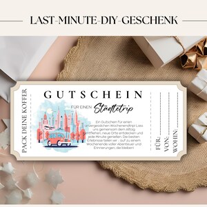 May include: A printable gift certificate for a city trip. The certificate is designed to look like a vintage train ticket with a cityscape illustration and the text "Pack your bags" on the left side. The text "Gutschein f&uuml;r einen St&auml;dtetrip" is at the top of the certificate.