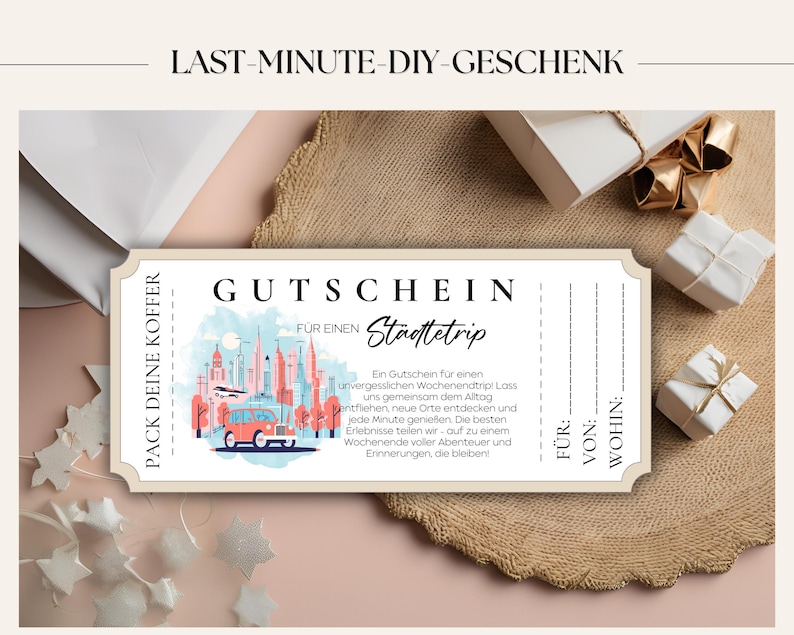 May include: A printable gift certificate for a city trip. The certificate is designed to look like a vintage train ticket with a cityscape illustration and the text "Pack your bags" on the left side. The text "Gutschein f&uuml;r einen St&auml;dtetrip" is at the top of the certificate.