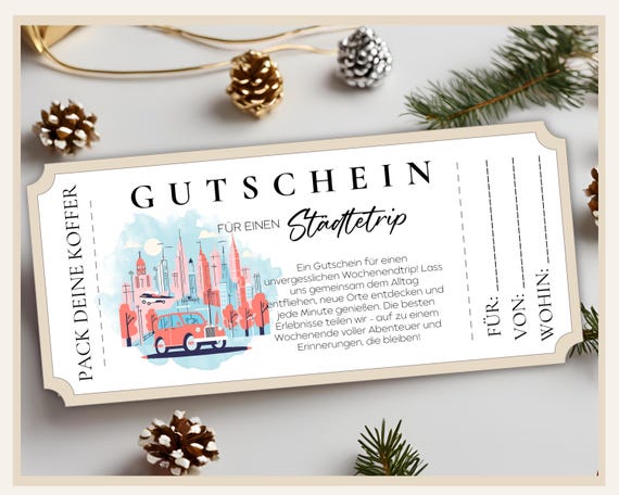 Städtetrip Gutschein Coupon | Personalisierbare Vorlage | Digitaler Download | PDF & JPG