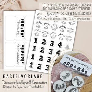 Könnte beinhalten: Bastelvorlage für Adventskranz-Themen. Enthält Aufkleber mit den Zahlen 1-4, Adventskranz-Designs und Text. Der Text beinhaltet "ADVENTSKRANZ" und "BASTELVORLAGE". Geeignet für Papier oder Transferfolien.