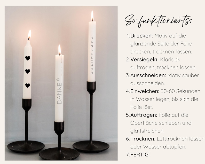 DIY Kerzen mit Wasserschiebefolie: Erstellen Sie individuelle Kerzen mit festlichen Dankesbotschaften für Familien, Freunde oder Erzieherinnen.