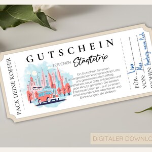 May include: A printable gift certificate for a city trip. The certificate is designed to look like a vintage train ticket with a cityscape illustration and the text "Pack your bags" and "Gutschein f&uuml;r einen St&auml;dtetrip".