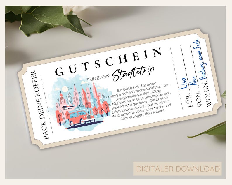 May include: A printable gift certificate for a city trip. The certificate is designed to look like a vintage train ticket with a cityscape illustration and the text "Pack your bags" and "Gutschein f&uuml;r einen St&auml;dtetrip".