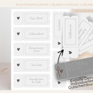 Könnte beinhalten: Ein druckbarer Satz von 56 leeren Gutscheinen und 6 Titelseiten für ein Gutscheinbuch. Der Text auf der Titelseite lautet "Mamas Coupon Buch" und "Erstelle Dein Individuelles Gutscheinbuch!" Die Gutscheine sind mit einem Herzen und einer gepunkteten Linie gestaltet.