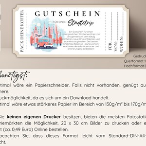 May include: A printable gift certificate for a city trip with a colorful illustration of a city skyline and a red bus. The text on the certificate reads "Gutschein f&uuml;r einen St&auml;dtetrip" which translates to "Gift certificate for a city trip". The text also includes instructions on how to print the certificate, including the recommended paper size and weight.