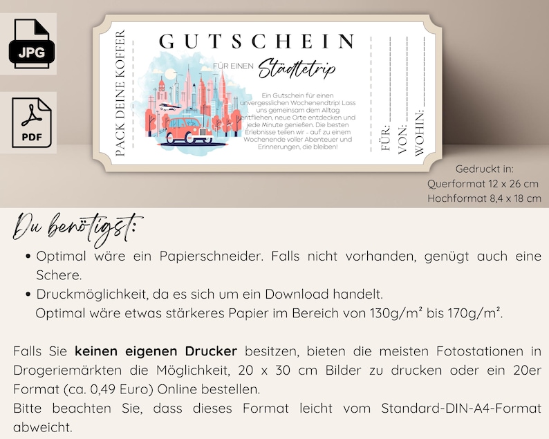 May include: A printable gift certificate for a city trip with a colorful illustration of a city skyline and a red bus. The text on the certificate reads "Gutschein f&uuml;r einen St&auml;dtetrip" which translates to "Gift certificate for a city trip". The text also includes instructions on how to print the certificate, including the recommended paper size and weight.
