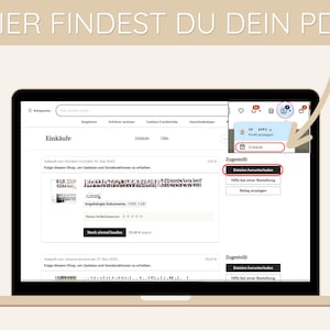 May include: A laptop screen displaying a website with the text "HIER FINDEST DU DEIN PDF" at the top. The website shows a purchase history with a button that says "Dateien herunterladen" (German for "Download files").