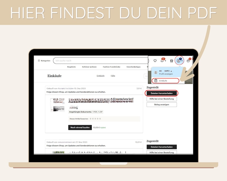 May include: A laptop screen displaying a website with the text "HIER FINDEST DU DEIN PDF" at the top. The website shows a purchase history with a button that says "Dateien herunterladen" (German for "Download files").