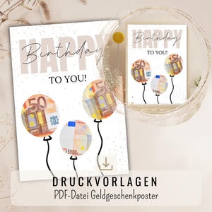 Affiche cadeau en argent « Joyeux anniversaire » | Télécharger PDF JPG | Carte d'anniversaire créative à imprimer | Idée cadeau d'anniversaire de dernière minute