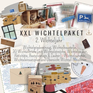 Puede incluir: Un collage festivo con una caja de madera, árboles en miniatura y una escena de renos. El texto dice "XXL Wichtelpaket 2. Wichteljahr" y enumera varias actividades y suministros para un proyecto navideño.
