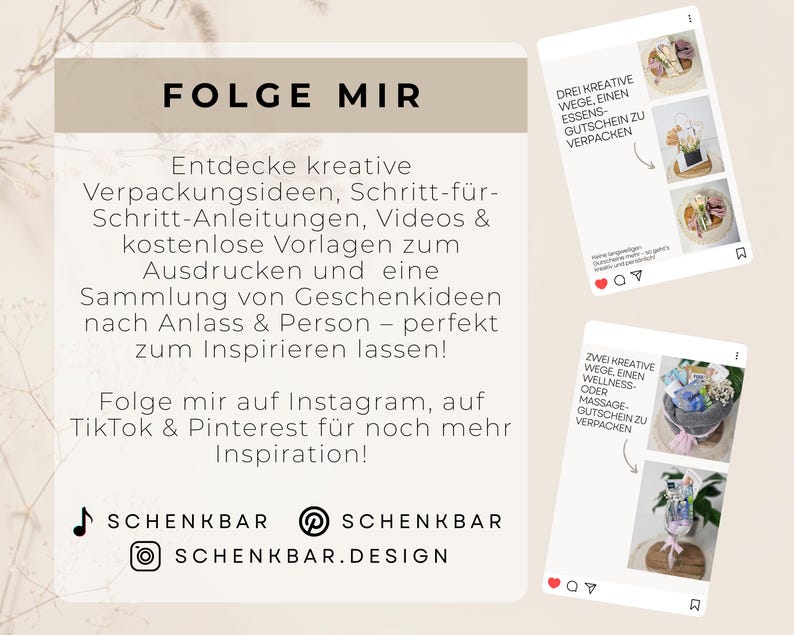 Entdecke kreative Verpackungsideen, Schritt-für-Schritt-Anleitungen, Videos & kostenlose Vorlagen zum Ausdrucken und  eine Sammlung von Geschenkideen nach Anlass & Person – perfekt zum Inspirieren lassen!

Folge mir auf Instagram, auf TikTok & Pinterest für noch mehr Inspiration!