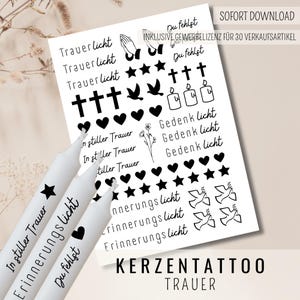 Modèle numérique de tatouage de bougie de deuil | Lumière commémorative Lumière de deuil PDF | Autocollants pour bougies funéraires, d'adieu ou de funérailles | Tu nous manques bougie