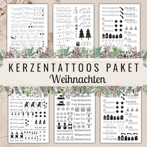 May include: A selection of black and white temporary tattoos with Christmas designs. The designs feature festive phrases, Christmas trees, stars, and other holiday-related graphics. The text "KERZENTATTOOS PAKET Weihnachten" is displayed.