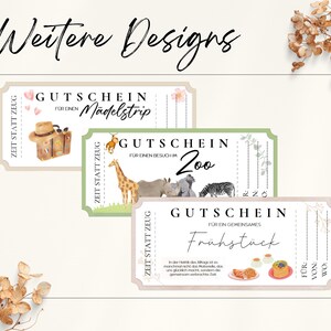 May include: Three gift certificate designs with watercolor illustrations. The first is pink and features a suitcase and the text "Gutschein f&uuml;r einen M&auml;delstrip". The second is green and features a giraffe and zebra with the text "Gutschein f&uuml;r einen Besuch im Zoo". The third is beige and features a breakfast scene with the text "Gutschein f&uuml;r ein gemeinsames Fr&uuml;hst&uuml;ck".
