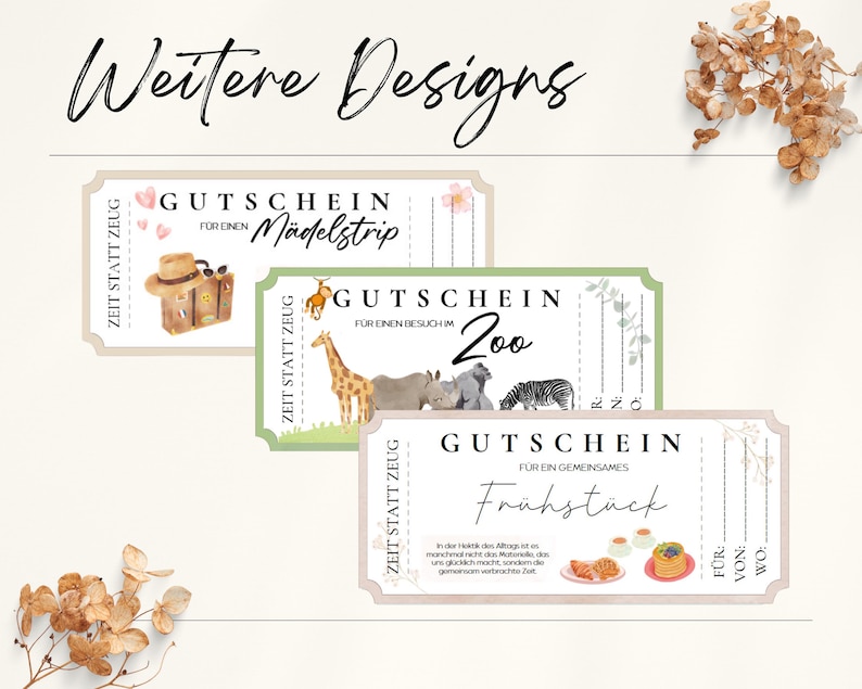 May include: Three gift certificate designs with watercolor illustrations. The first is pink and features a suitcase and the text "Gutschein f&uuml;r einen M&auml;delstrip". The second is green and features a giraffe and zebra with the text "Gutschein f&uuml;r einen Besuch im Zoo". The third is beige and features a breakfast scene with the text "Gutschein f&uuml;r ein gemeinsames Fr&uuml;hst&uuml;ck".