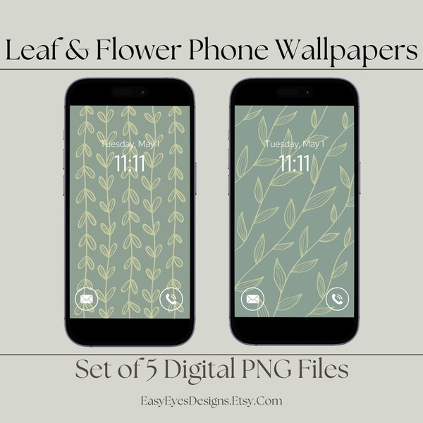 Simple Leaf and Flower Themed Digital Phone Wallpaper Set - Pack of 5 Hand-Drawn Aesthetic Phone Backgrounds for iPhone and Android