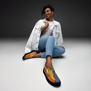 Van Gogh slip-on sneakers for women – artistic canvas shoes orange yellow blue, bold printed footwear