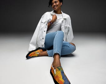 Van Gogh slip-on sneakers for women – artistic canvas shoes orange yellow blue, bold printed footwear