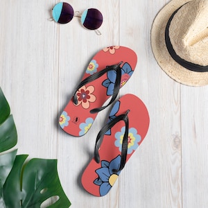 Klapki vintage pop floral – damskie sandały letnie, szykowny, kolorowy nadruk retro