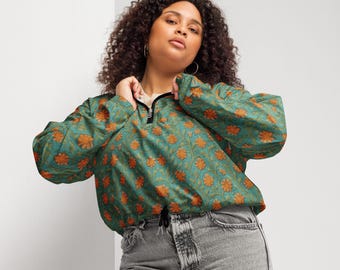 Women’s celadon green floral windbreaker – lightweight waterproof jacket with hood – stylish breathable windbreaker with orange flowers