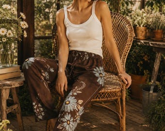 Damesbroek met wijde pijpen/Boho Hazelnoot Pyjama | Artistieke Boho Chic Broek | Comfortabele Damesbroek Artyoti