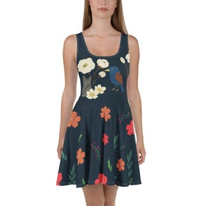 Navy Floral Skater Dress with Birds and Cat – Whimsical Summer Art Dress for Women gift for her