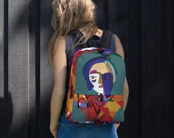 Blue Glove Lady Rucksack – kubistischer Grafikdruck, großes Fassungsvermögen 15 Zoll PC