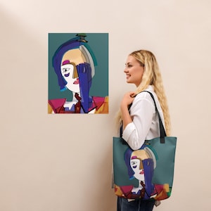 Tote bag artistique, cubisme, la dame au gant bleu, sac fourre-tout original, cadeau artistique