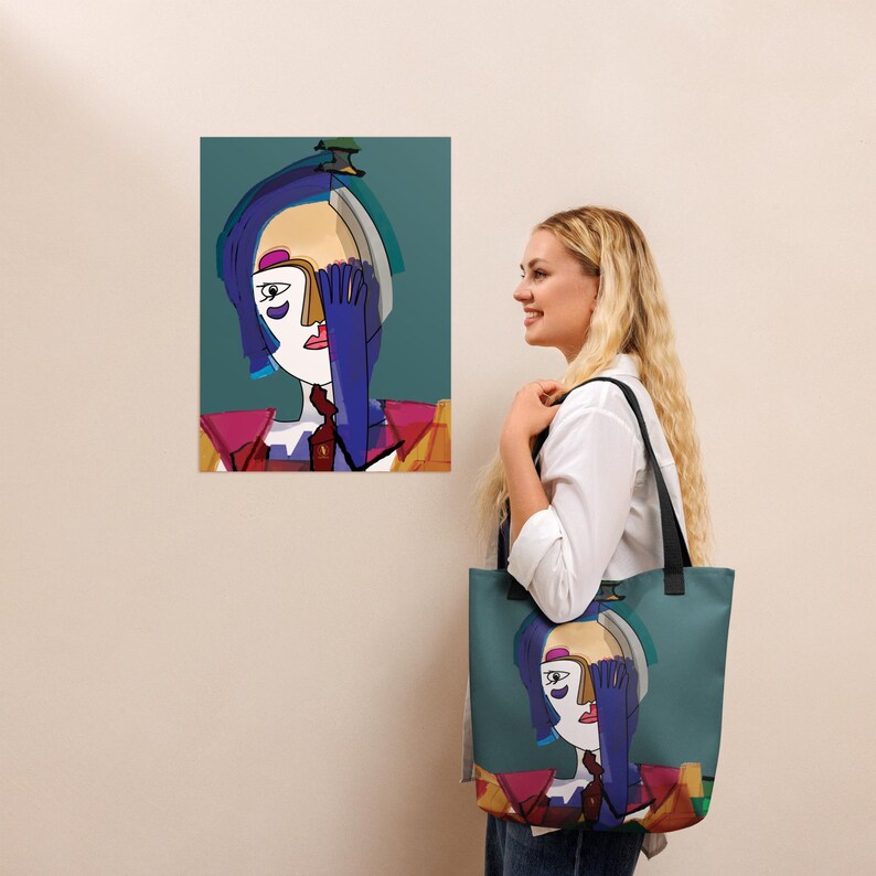 Tote bag artistique, cubisme, la dame au gant bleu, sac fourre-tout original, cadeau artistique