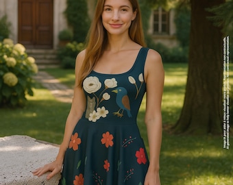 Vestido skater azul medianoche con estampado floral y motivos naturales, vestido de verano con protección UV50+