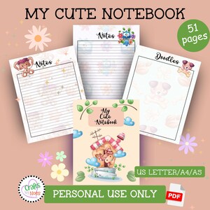 Printable Notebook Pages, Cartoon Animals, Dog, Doodle, Braindump, PDF