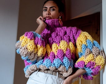 FREDDIE JUMPER | Super Chunky Hand Knitted Wool Bubble Jumper, Multicoloured, Rainbow, Afra Ivy