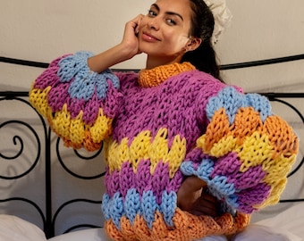 WINNIE JUMPER | Super Chunky Yarn Hand Knitted Rainbow Bubble Jumper | Afra Ivy